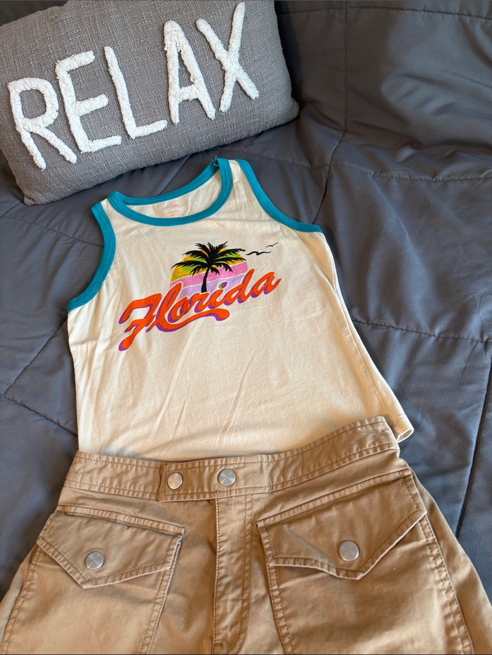 Cream "Florida" Graphic Tank Top with Teal Trim - Ringer S Natural Life Retro